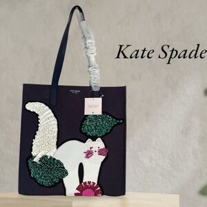 KATE SPADE NWT KITT LARGE NORTH SOUTH TOTE HANDBAG BLAZER BLUE CAT EMBELLISHED